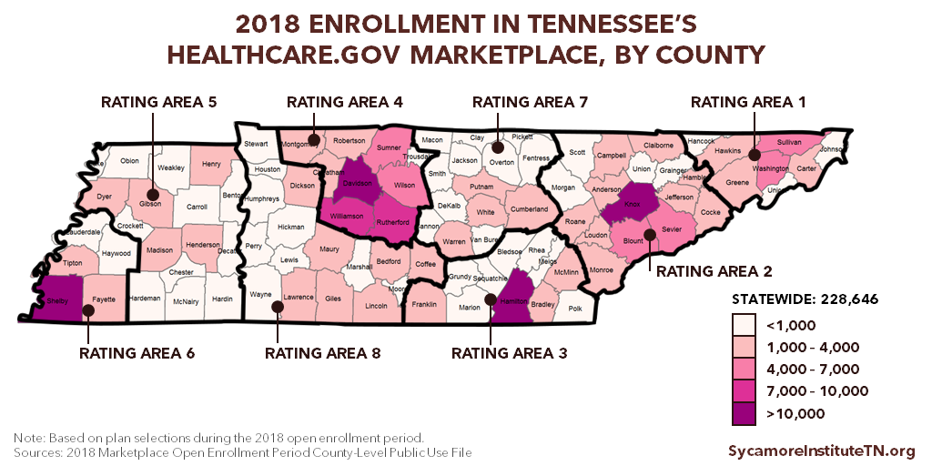 2018 Enrollment in Tennessee's Healthcare.gov Marketplace, by County (Map)