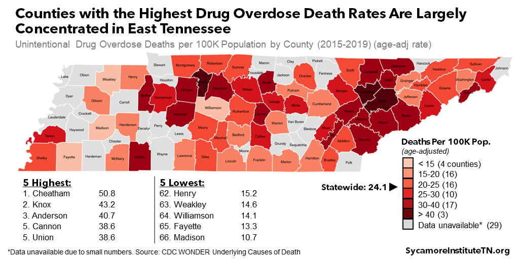 Counties with the Highest Drug Overdose Death Rates Are Largely Concentrated in East Tennessee