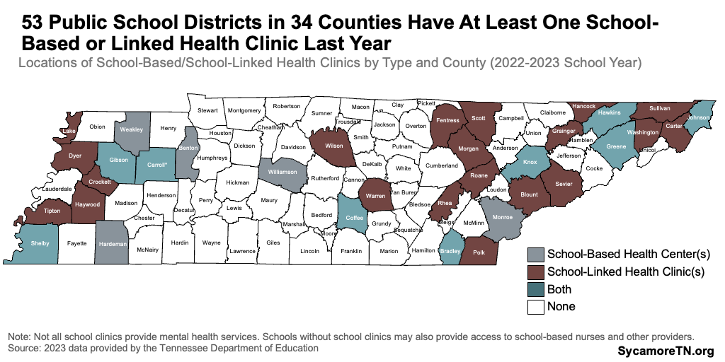 53 Public School Districts in 34 Counties Have At Least One School-Based or Linked Health Clinic Last Year
